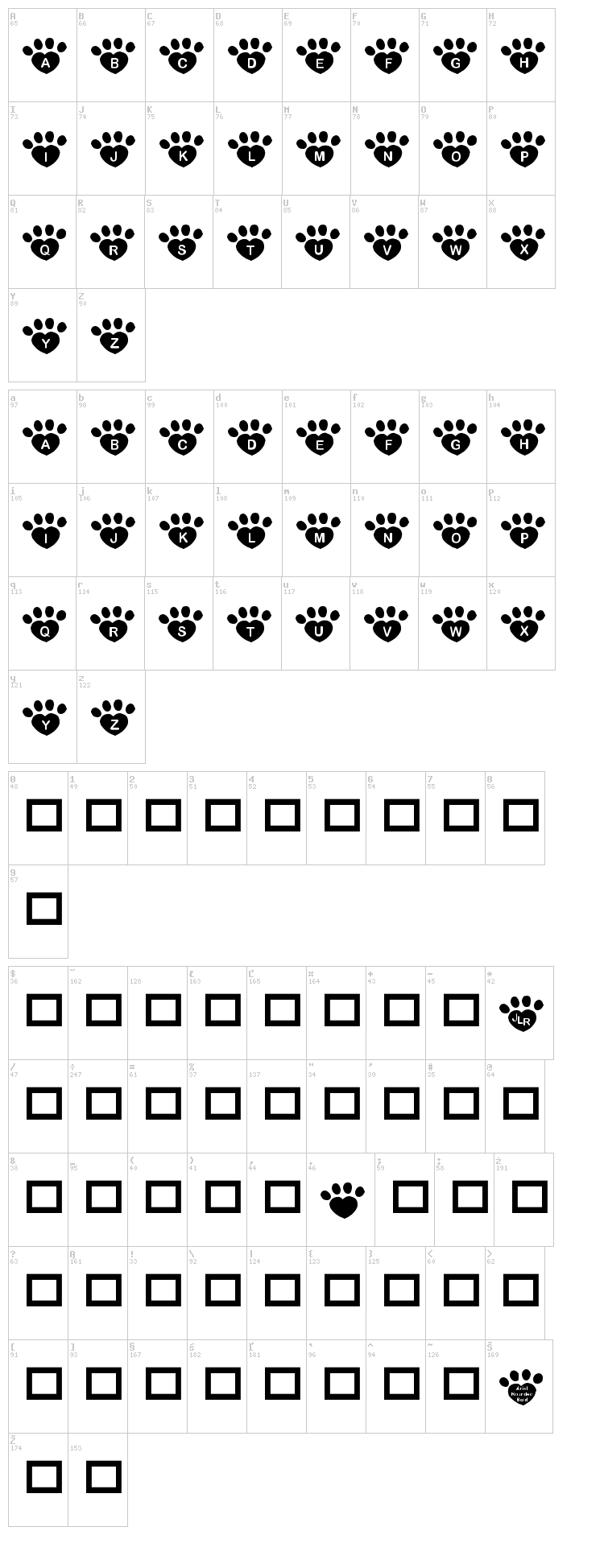 JLR Pawrty Hearty font map